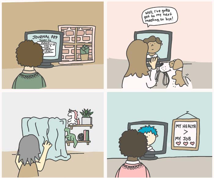 hand drawn illustrations of people practicing self care while working from home