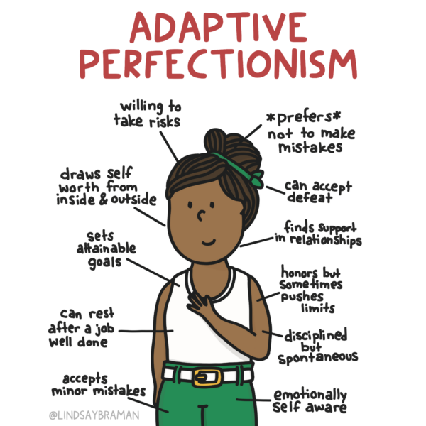 Image has a white background and is titled in red writing "Adaptive Perfectionism." There is a person drawn in the center of the image. They have dark skin and dark hair, which is pulled up in a bun with a green hair tie. They are wearing a white tank top and green pants, with a white and gold belt. They have a content expression on their face and have their left hand on their chest. Written around them are descriptors of someone who has adaptive perfectionism: accepts minor mistakes, can rest after a job well done, sets attainable goals, draws self worth from inside and outside, willing to take risks, prefers not to make mistakes, can accept defeat, finds support in relationships, honors but sometimes pushes limits, disciplined but spontaneous, and emotionally self-aware. Image drawn by Lindsay Braman.