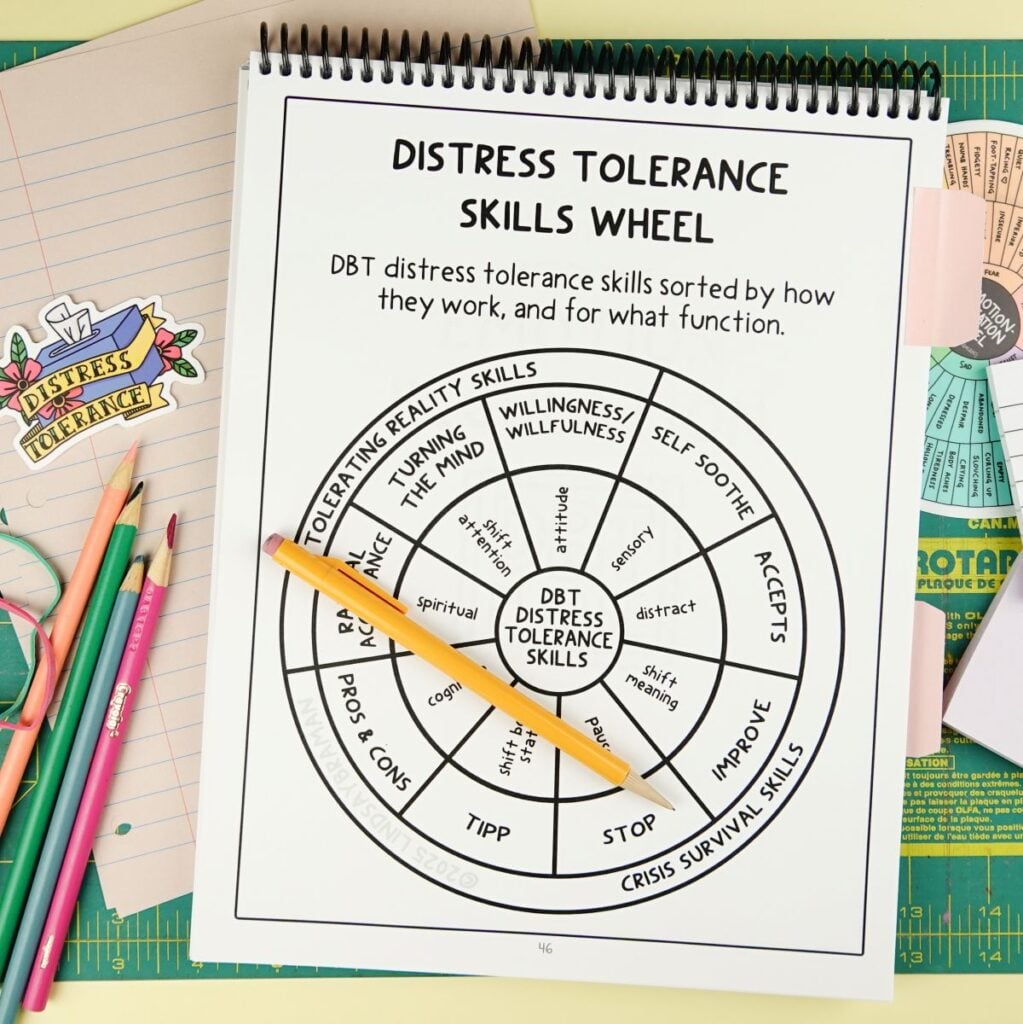 Illustration for the distress tolerance skills wheel by Lindsay Braman